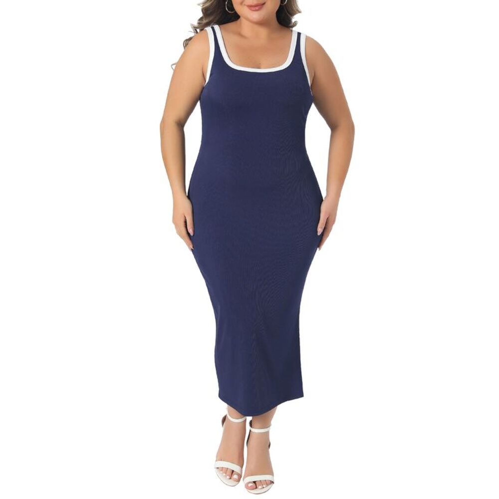 Women Plus Size Square Neck Contrast Sleeveless Tank Dresses Dark Blue